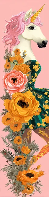 Free dragon bookmark featuring a unicorn in a green dress with pink hair